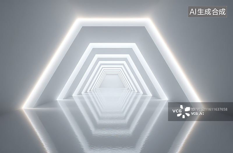 【AI数字艺术】发光六边形隧道图片素材