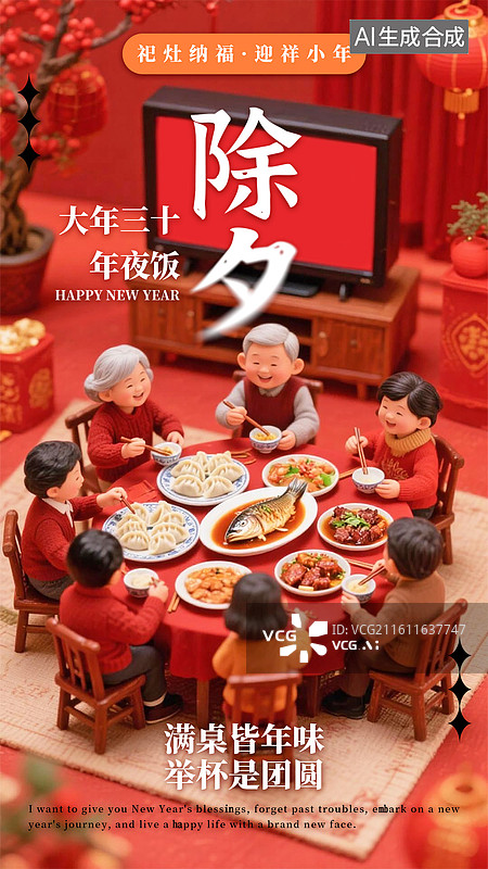 【AI数字艺术】春节年俗海报微缩景观人物场景除夕大年三十年夜饭团圆海报图片素材