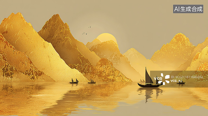 【AI数字艺术】金色山水中的帆船与群山图片素材