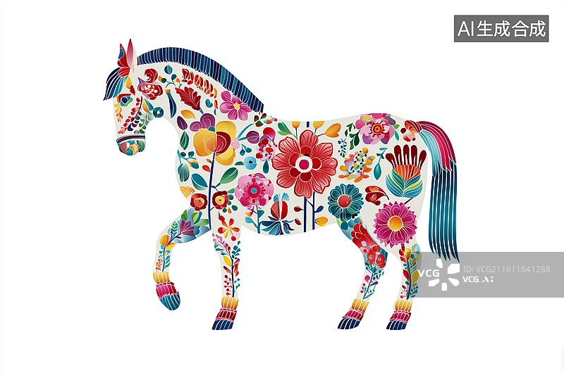 【AI数字艺术】花卉图案装饰的彩色站立骏马简洁白色背景艺术图图片素材