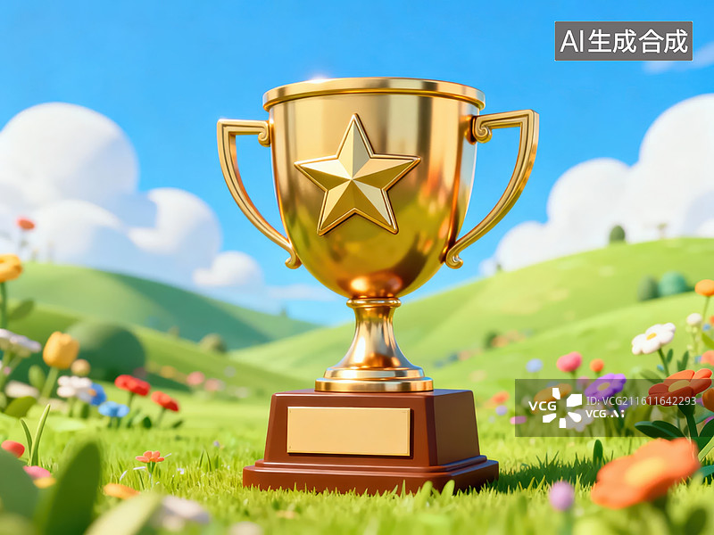 【AI数字艺术】金色奖杯置于花丛草地图片素材
