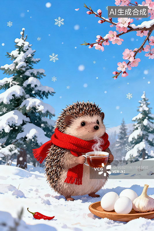 【AI数字艺术】雪地刺猬捧茶杯图片素材
