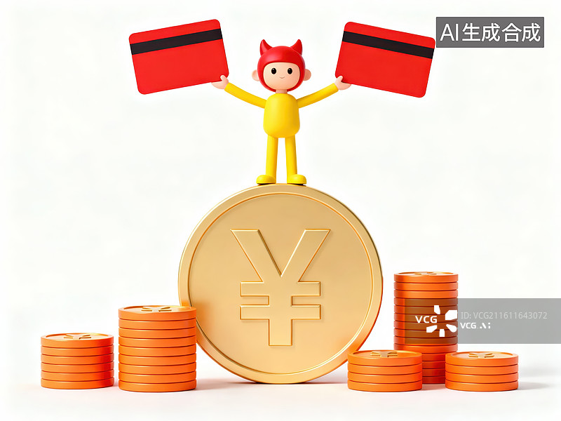 【AI数字艺术】卡通人物举信用卡站在金币上图片素材