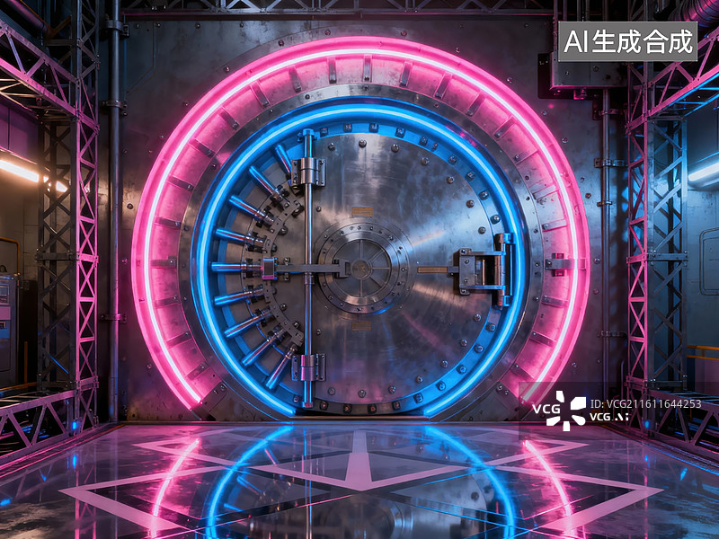 【AI数字艺术】霓虹光圈环绕的金属门图片素材