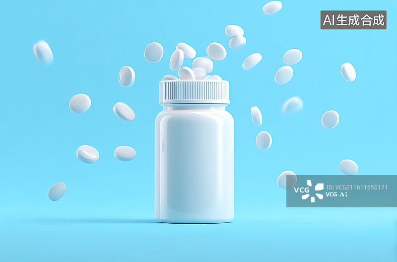 【AI数字艺术】药瓶与飞散的药片图片素材