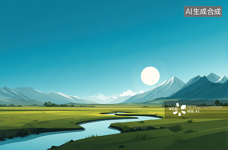 【AI数字艺术】山间河流与草原风光图片素材
