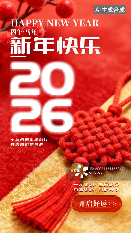 【AI数字艺术】2026年春节毛绒毛毡风格中国结竖版海报图片素材