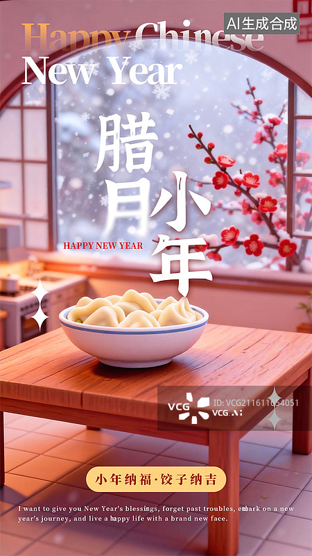 【AI数字艺术】室内餐桌温馨风格小年饺子竖版海报图片素材