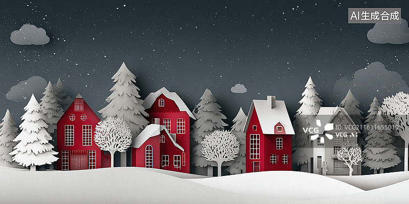 【AI数字艺术】雪夜中的红色小屋与松树图片素材