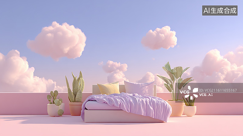 【AI数字艺术】粉色天空下的卧室场景图片素材
