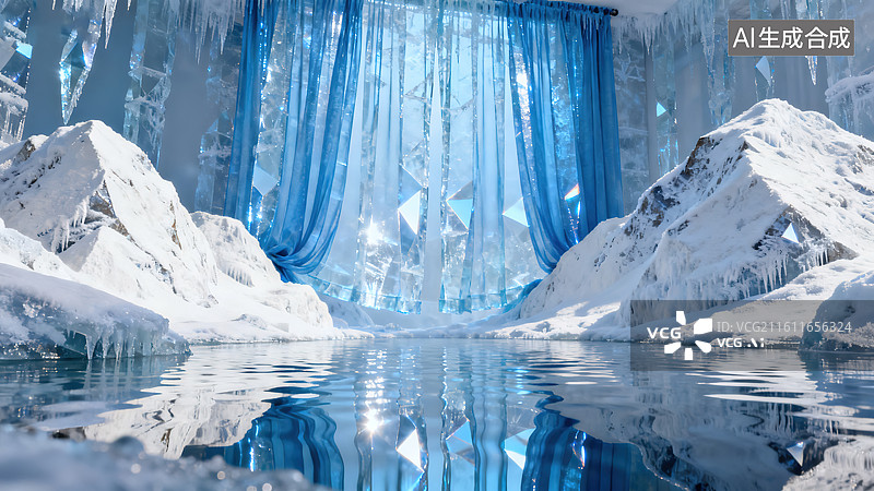 【AI数字艺术】冰帘雪山倒影冰面蓝色调自然场景图片素材