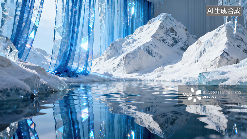 【AI数字艺术】冰帘雪山倒影冰面蓝色调自然场景图片素材
