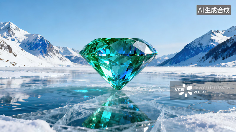 【AI数字艺术】绿蓝钻石雪山冰面倒影自然场景图片素材