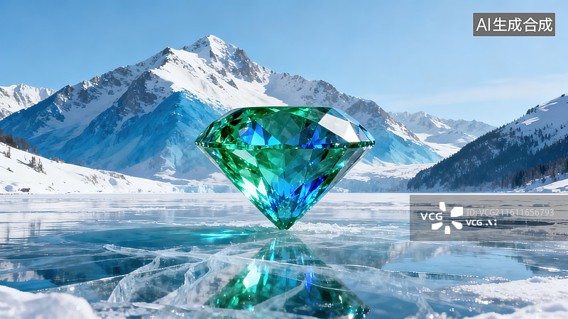 【AI数字艺术】绿蓝钻石雪山冰面倒影自然场景图片素材