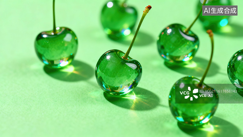 【AI数字艺术】3D 绿色透明樱桃绿色背景场景图片素材