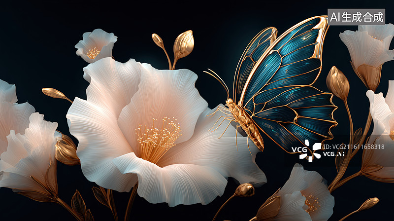 【AI数字艺术】金花与蓝蝶图片素材