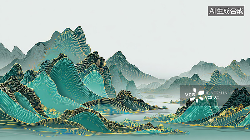 【AI数字艺术】青绿山水画风的山川景色图片素材