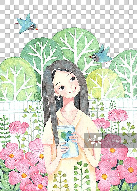 月见草花前的女孩 500幅手绘唯美人物免抠图形水彩画图片素材