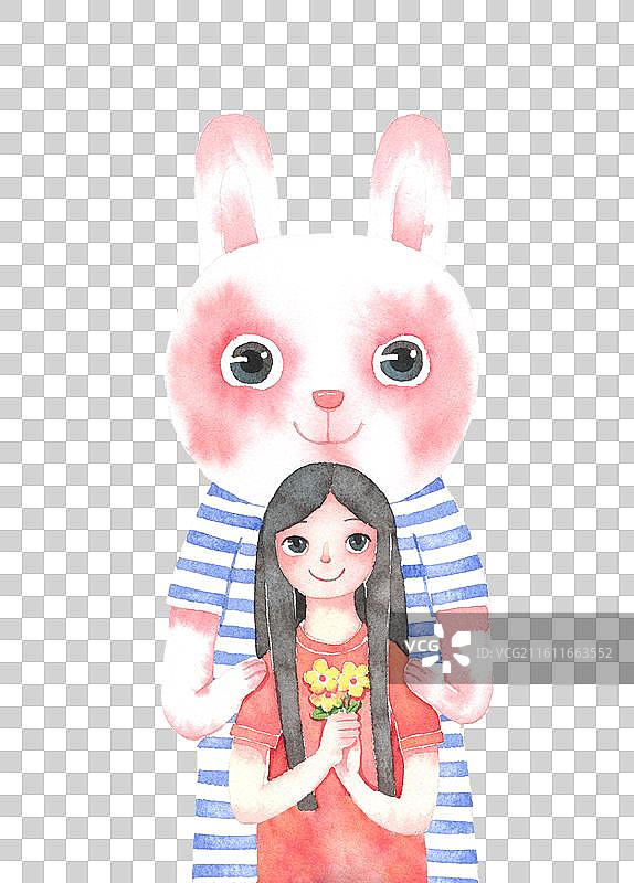 兔子前的女孩双手捧着一束野菊花 500幅手绘唯美人物免抠图形水彩画图片素材
