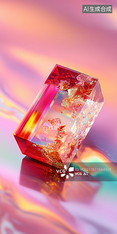 【AI数字艺术】流光溢彩的桌面一块情人节红宝石礼物3D卡通立体插画图片素材