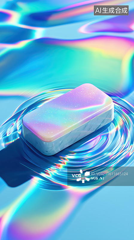 【AI数字艺术】荧光色多彩水面上一个白色雕刻玉器3D立体插画图片素材