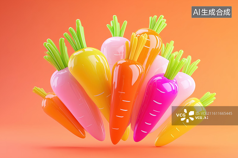 【AI数字艺术】膨胀暖色背景满铺的彩色胡萝卜3D卡通立体插画图片素材