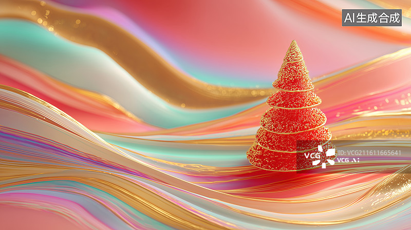 【AI数字艺术】创意设计彩色起伏山谷间红色圣诞树3D卡通立体背景图片素材