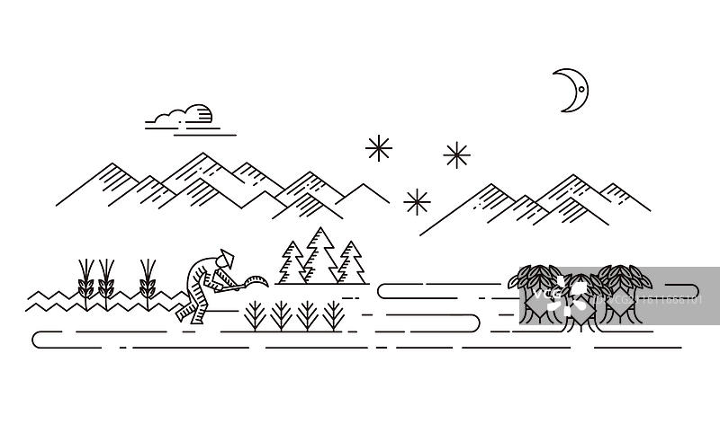 插画颗粒肌理原画手绘矢量风耕地人物动物日月森林树木图片素材