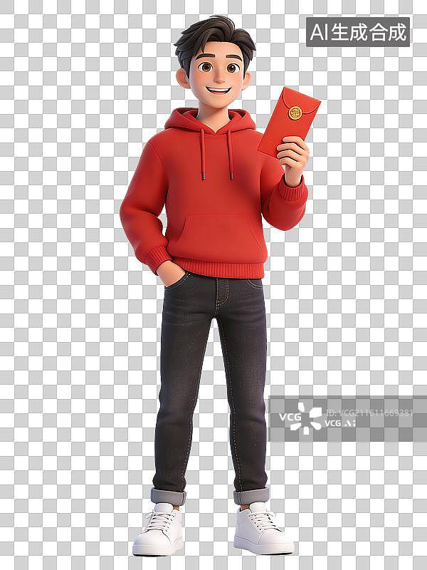 【AI数字艺术】年轻男性，面带微笑，手持红包，穿红色连帽衫、黑色牛仔裤和白色运动鞋图片素材