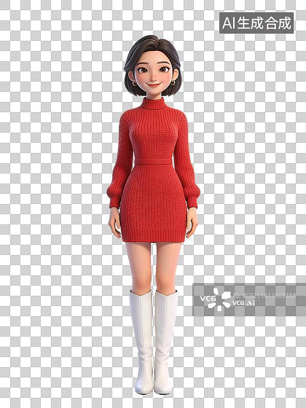 【AI数字艺术】年轻女性，短发，微笑，站立，身着红色毛衣裙与白色长靴，时尚休闲装扮图片素材