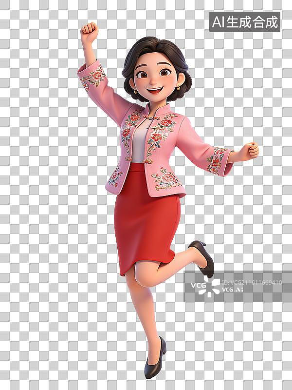 【AI数字艺术】年轻女性动画角色，面带微笑，穿着粉色刺绣外套和红色裙子，动作活泼，充满活力图片素材