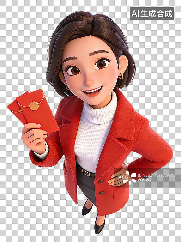 【AI数字艺术】年轻女性面带微笑，手持红包，身着红色外套、白色毛衣与黑色裙子的职业装束，自信大方图片素材