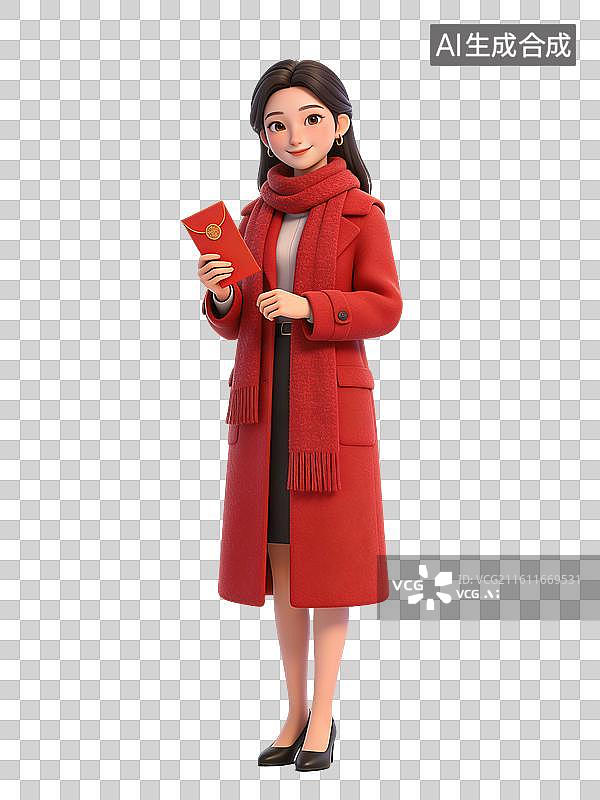 【AI数字艺术】年轻女性面带微笑，手持红包，身着红色大衣与围巾，脚穿黑色高跟鞋，整体形象时尚喜庆图片素材