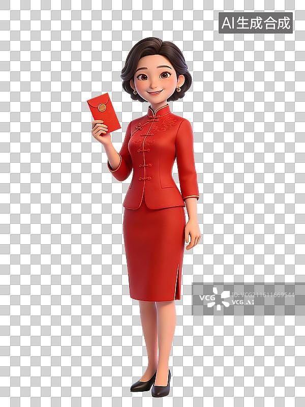 【AI数字艺术】一位穿着红色传统服饰的女性，手持红包，面带微笑，优雅大方图片素材
