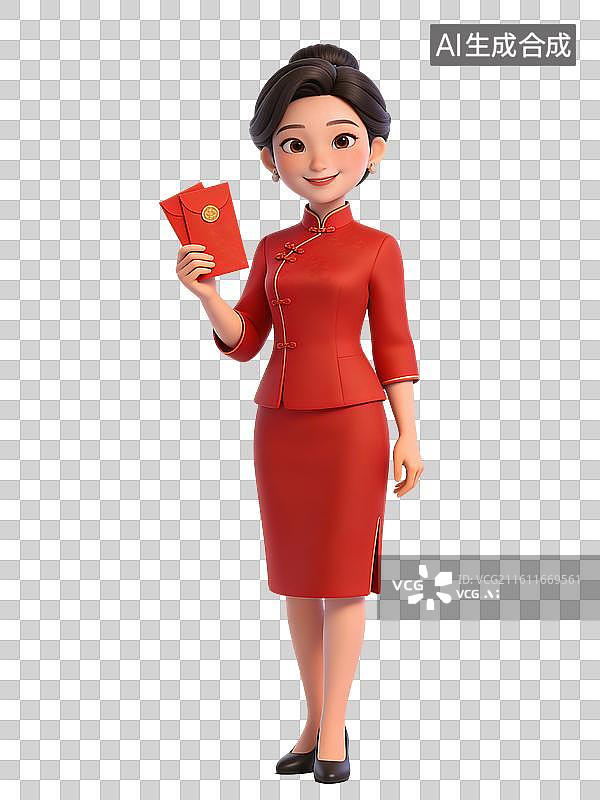 【AI数字艺术】一位穿着红色传统服饰的女性，面带微笑，手持红包，优雅而喜庆图片素材