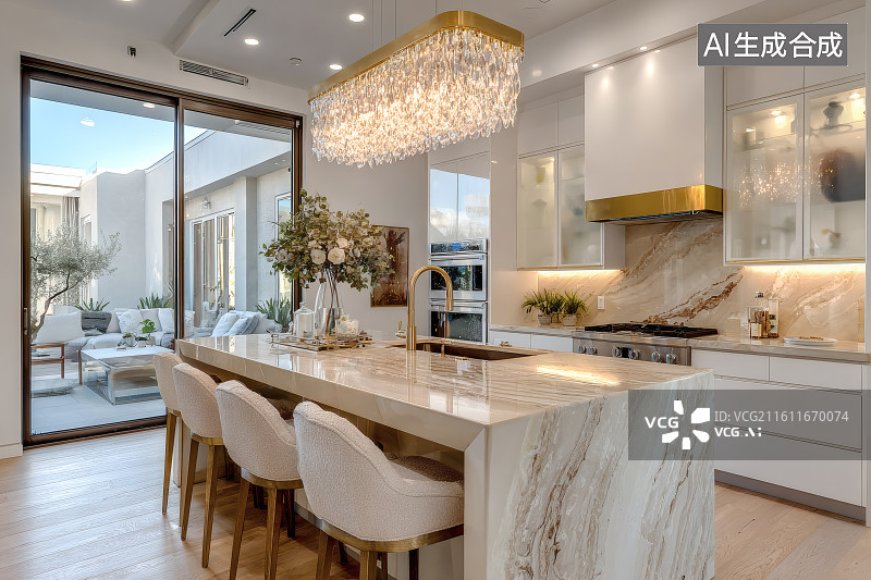 【AI数字艺术】现代装修风格的厨房布局，大理石岛台图片素材