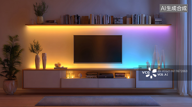 【AI数字艺术】现代客厅背景墙灯光效果展示图片素材