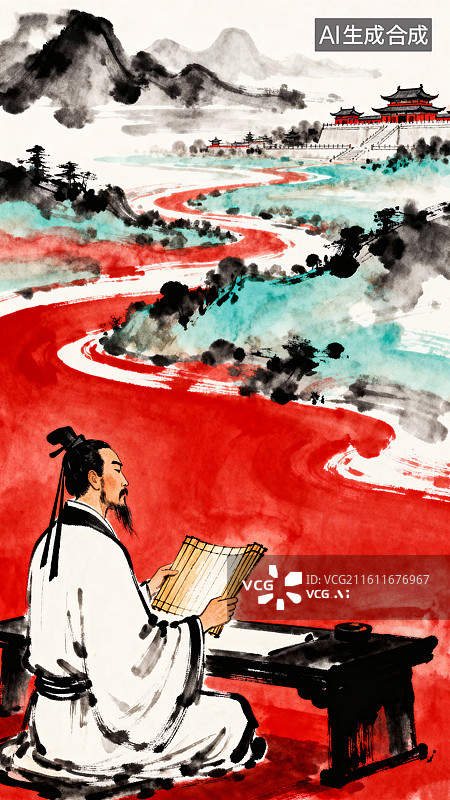 【AI数字艺术】一位古代诗人拿着竹简看着山河树木风景中国历史文化淡彩水墨插画图片素材