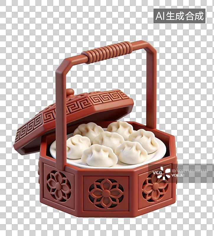 【AI数字艺术】3D立体中国风红棕色六边形的中式镂空提篮中的饺子元素图片素材