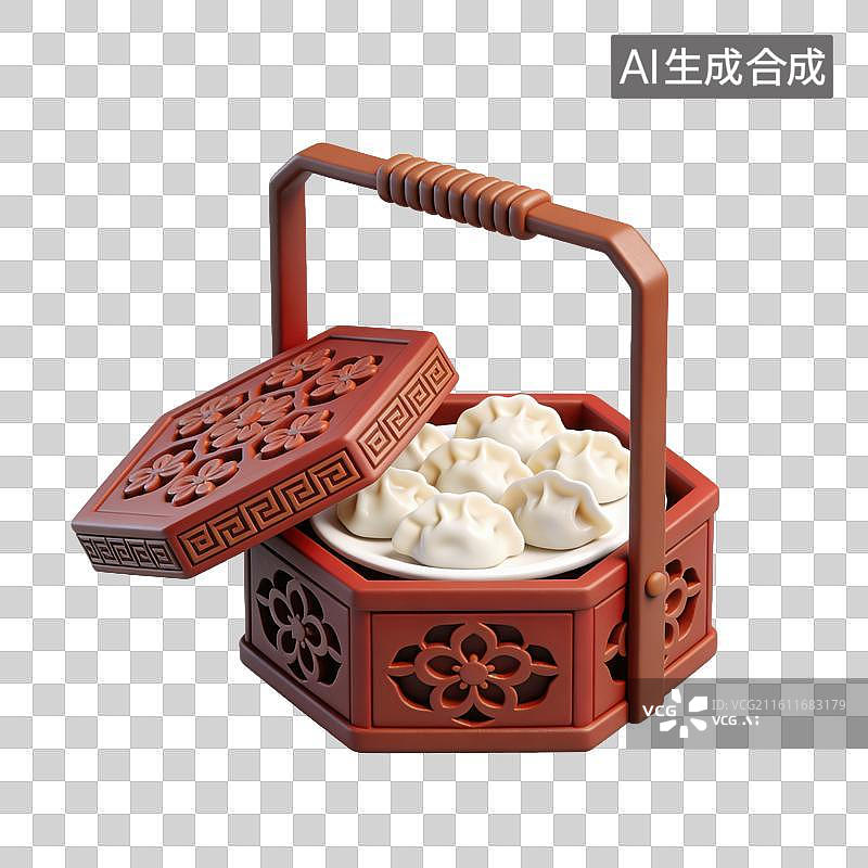 【AI数字艺术】3D立体中国风红棕色六边形的中式镂空提篮中的饺子元素图片素材