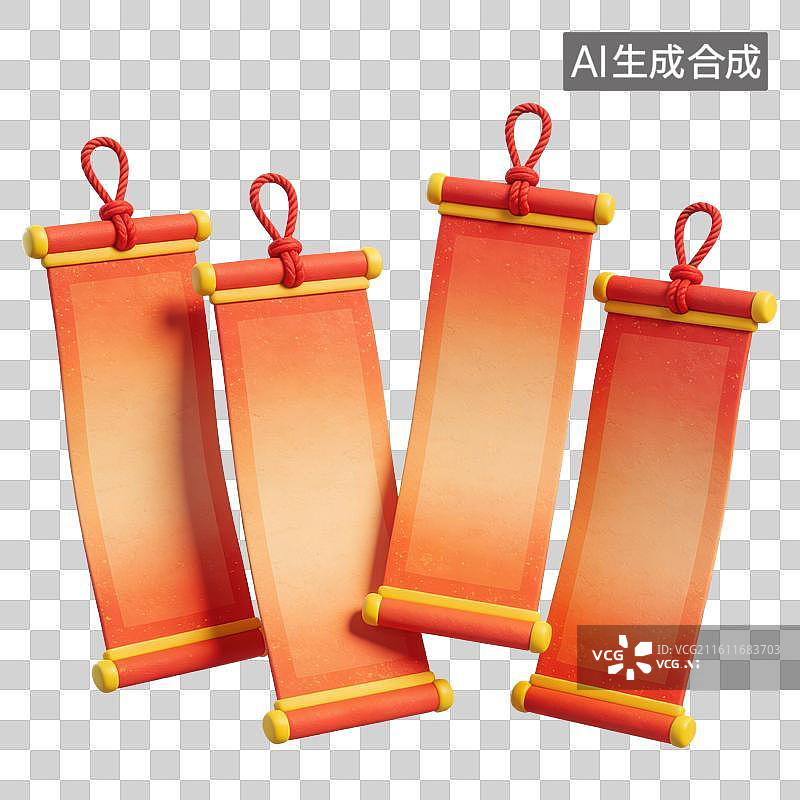 【AI数字艺术】3D立体红色春联空白挂轴卷轴元素图片素材