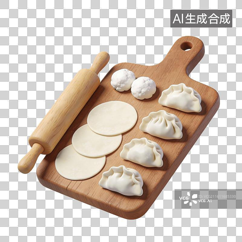 【AI数字艺术】3D立体春节家庭包饺子的准备场景木质案板小面团擀好的面皮擀面杖元素图片素材