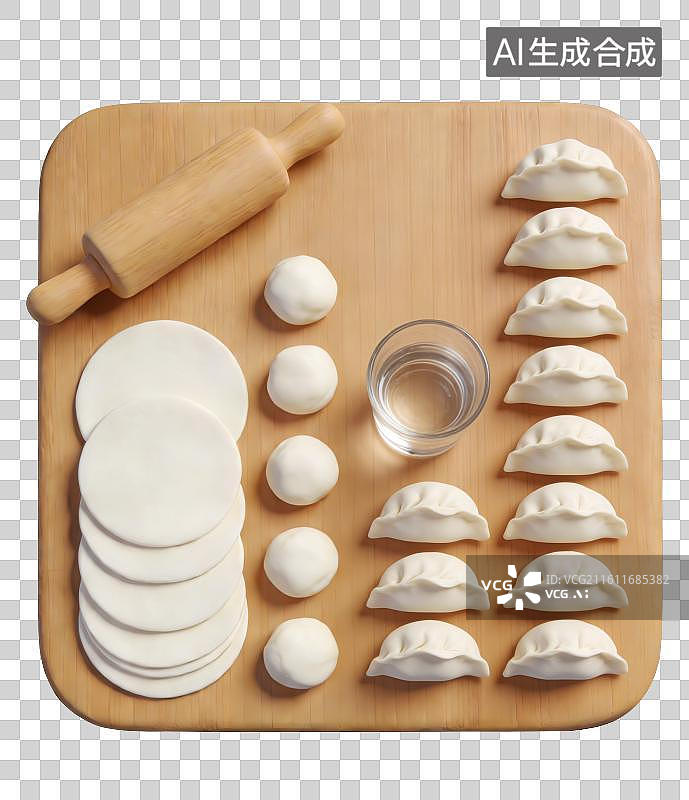 【AI数字艺术】3D立体春节家庭包饺子的准备场景木质案板小面团擀好的面皮擀面杖元素图片素材