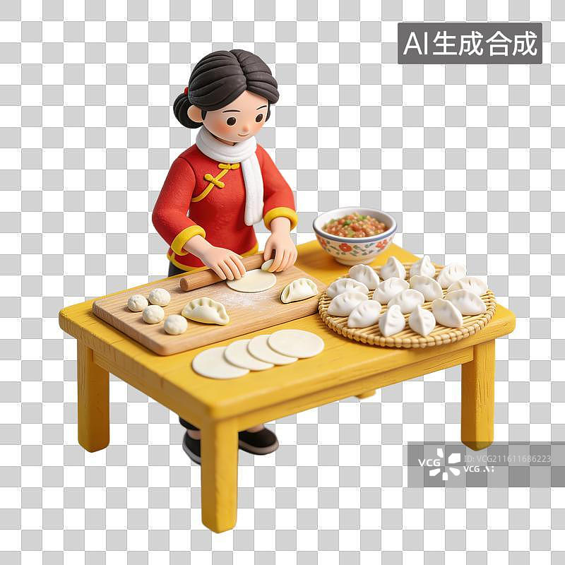 【AI数字艺术】3D立体春节家庭包饺子的准备场景木质案板小面团擀好的面皮擀面杖元素图片素材