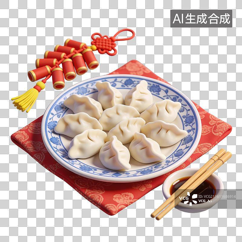 【AI数字艺术】3D立体春节大年初一家庭餐食布置瓷盘装着饺子和一碟醋红色鞭炮元素图片素材