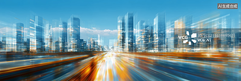 【AI数字艺术】繁华都市主干道上车流光影与玻璃幕墙大楼交织的现代城市风光摄影图片素材