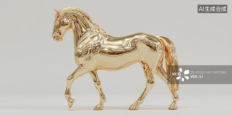 【AI数字艺术】金色奔马雕塑在纯白背景上展现力量与优雅的艺术写真图片素材