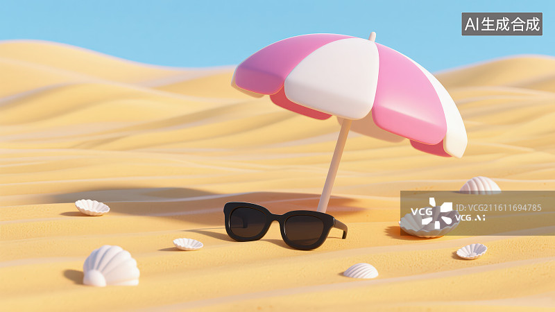 【AI数字艺术】3D卡通夏日海滩沙滩上放置的遮阳伞墨镜和贝壳，清新度假旅游插画背景图片素材