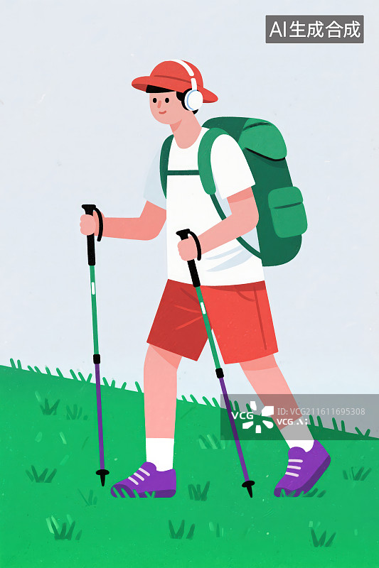 【AI数字艺术】戴着帽子和耳麦耳机背着包双手拄着登山杖的探险徒步卡通男性，登山露营装备旅行者运动场景背景图片素材