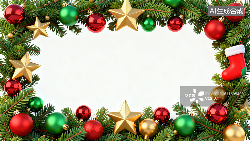 【AI数字艺术】白色背景下圣诞松枝圣诞球星星袜装饰边框，节日氛围圣诞节背景图片素材